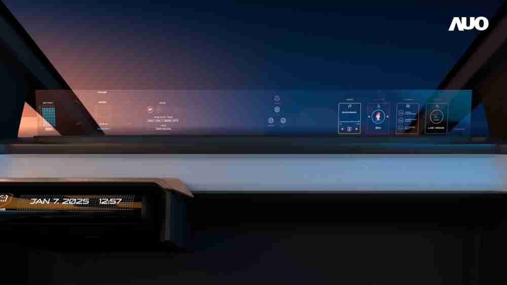 JDB电子无界透明显示接口(Horizon Image Glass)透过车运算方案整合仪表板、、、中控台及副驾显示器，，，，一体式全景呈现，，，，提供乘用者清晰的前方视野、、、、行车必要信息与娱乐功能
